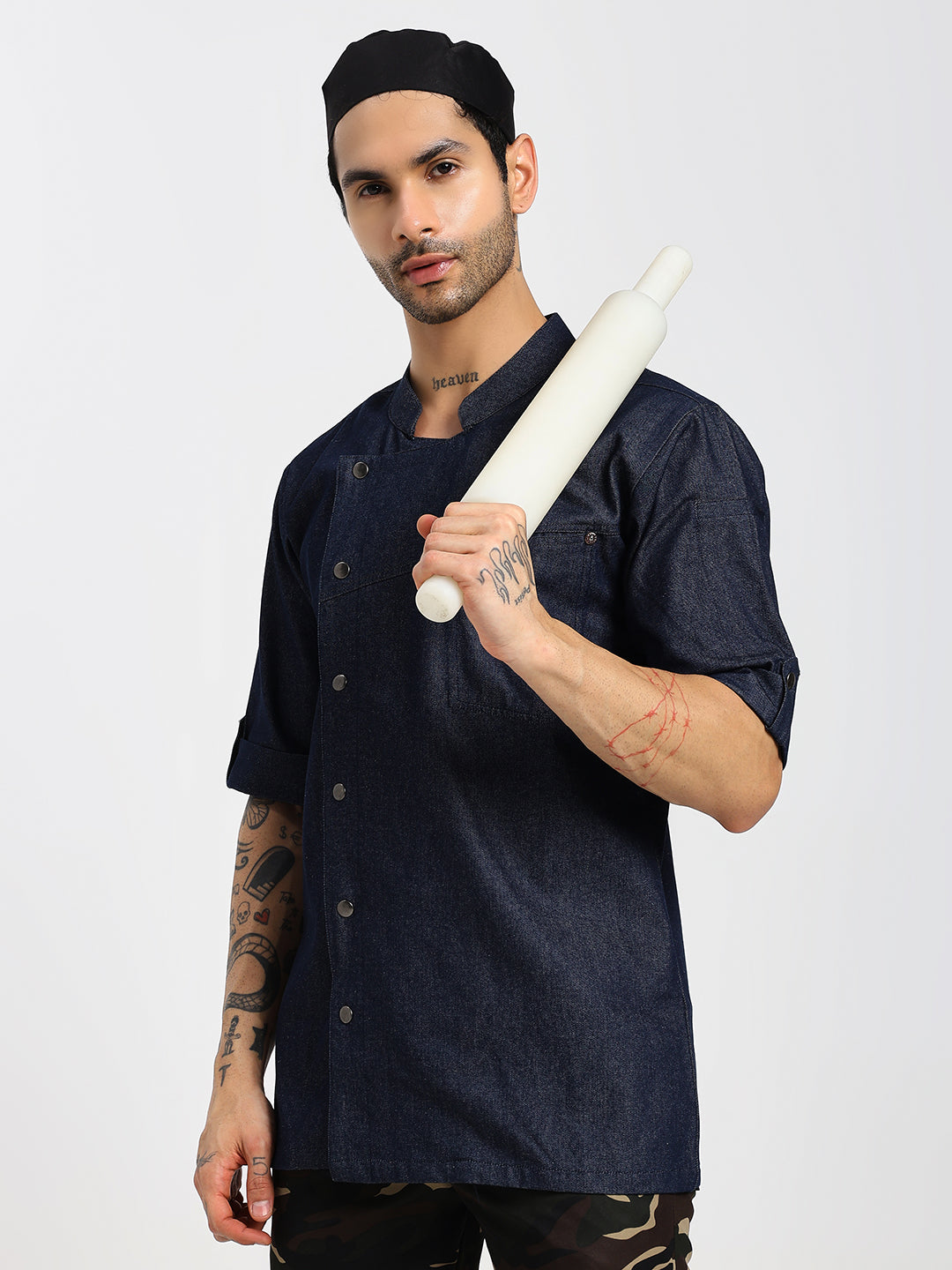 Premium Denim Men's Chef Coat with Cross Pocket Design