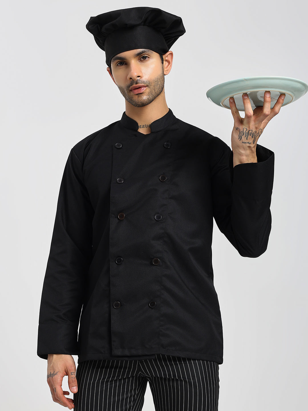 Fixed Button Chef Coat with Sleeve Pocket - Black Color - Set of 2