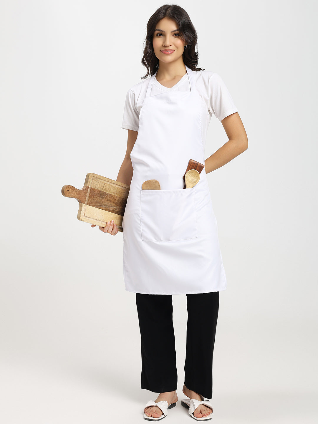 Classic White Kitchen Apron with Adjustable Neck Strap & Front Pocket
