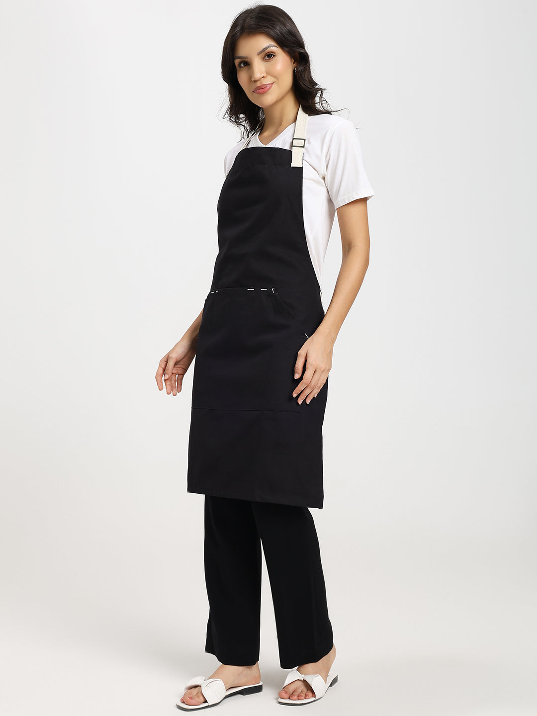 Cotton Canvas Apron with Contrast Belt -Color Black