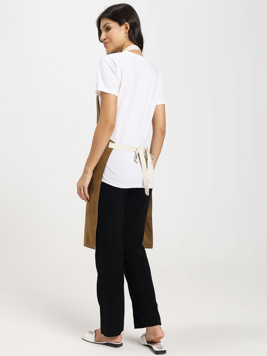 Cotton Canvas Apron with Contrast Belt - Brown Color