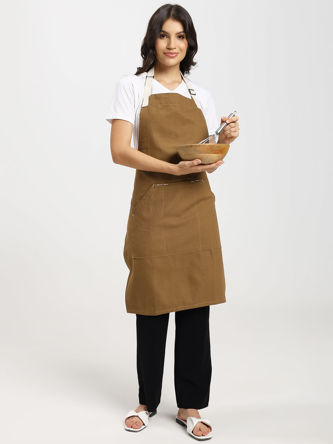 Cotton Canvas Apron with Contrast Belt - Brown Color
