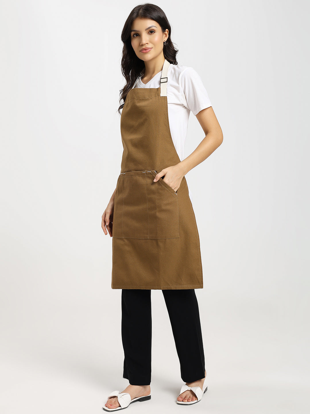 Cotton Canvas Apron with Contrast Belt - Brown Color