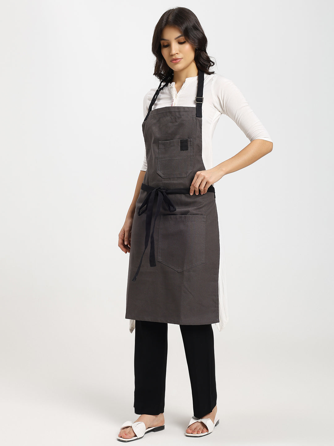 Cotton Canvas Apron with Contrast Belt - Grey Color