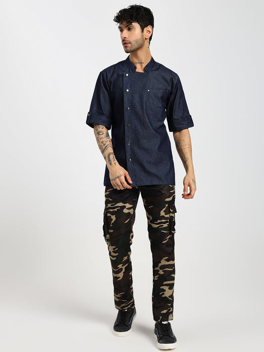 Premium Denim Men's Chef Coat with Cross Pocket Design