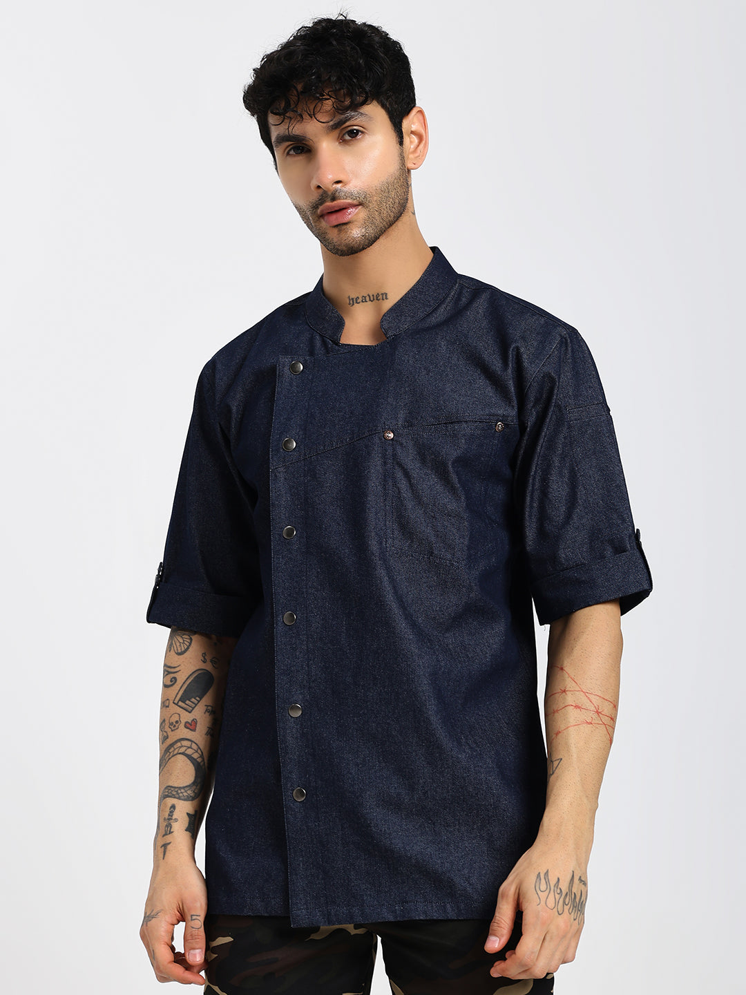 Premium Denim Men's Chef Coat with Cross Pocket Design