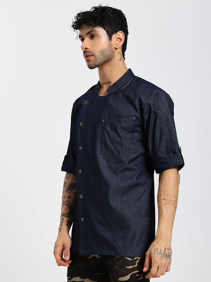 Premium Denim Men's Chef Coat with Cross Pocket Design