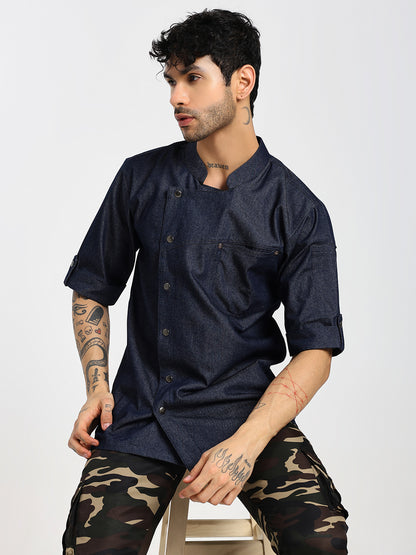 Premium Denim Men's Chef Coat with Cross Pocket Design