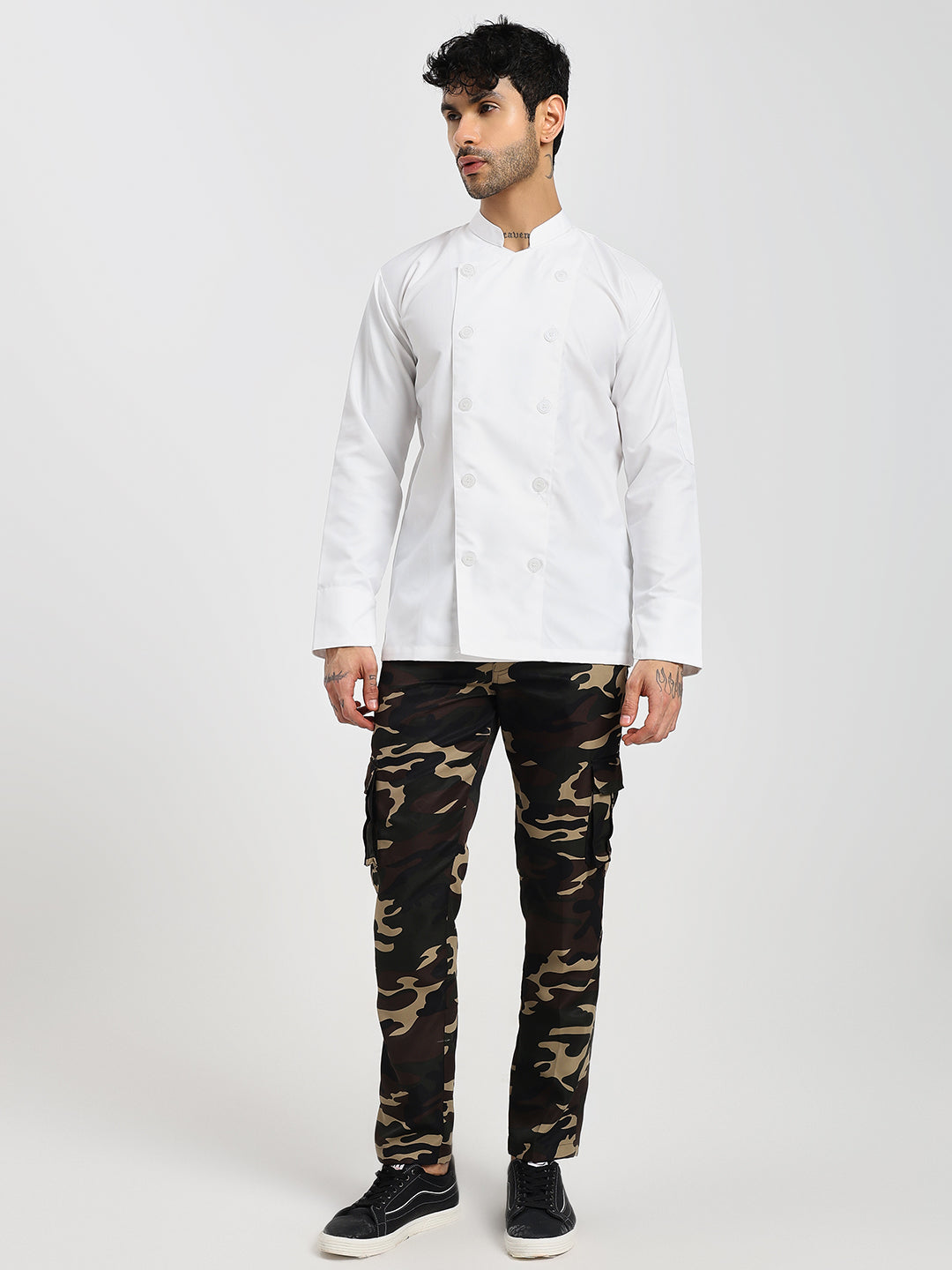 Fixed Button Chef Coat with Sleeve Pocket - White Color