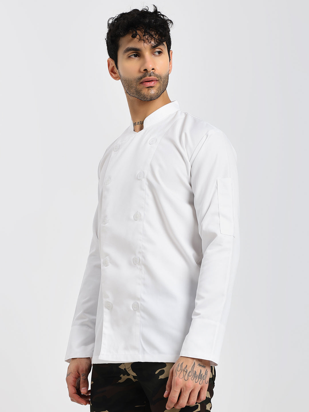 Fixed Button Chef Coat with Sleeve Pocket - White Color