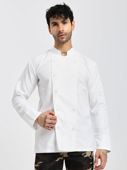 Fixed Button Chef Coat with Sleeve Pocket - White Color