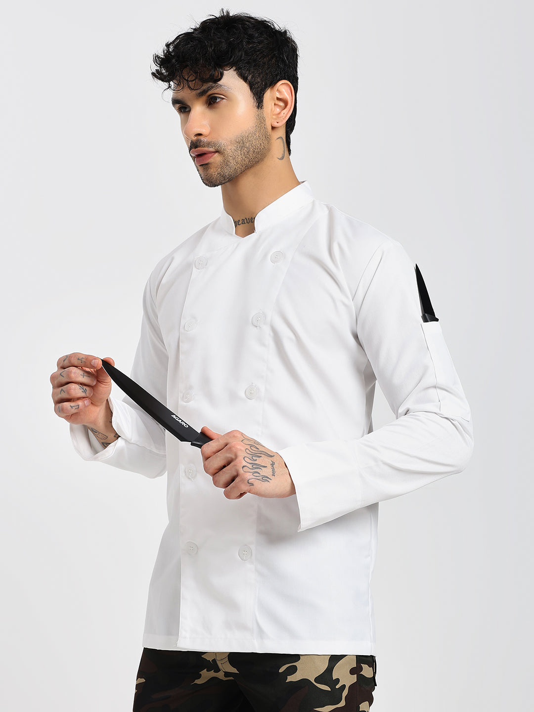 Fixed Button Chef Coat with Sleeve Pocket - White Color