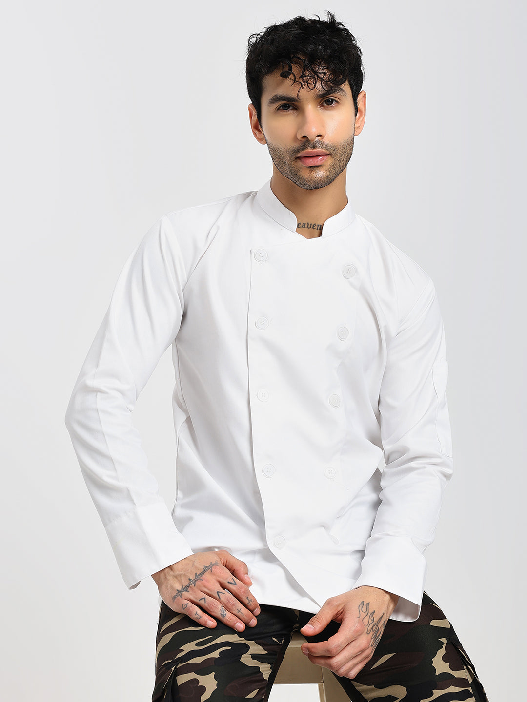 Fixed Button Chef Coat with Sleeve Pocket - White Color