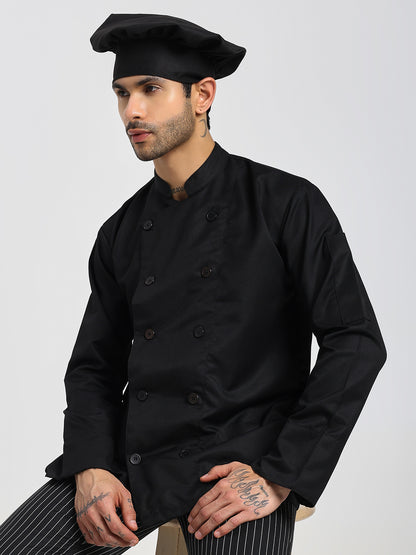 Fixed Button Chef Coat with Sleeve Pocket - Black Color