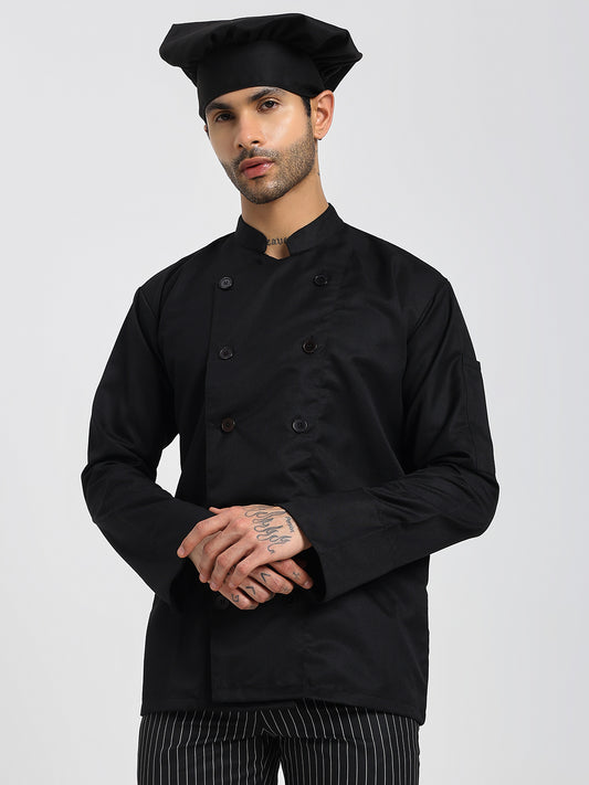 Fixed Button Chef Coat with Sleeve Pocket - Black Color