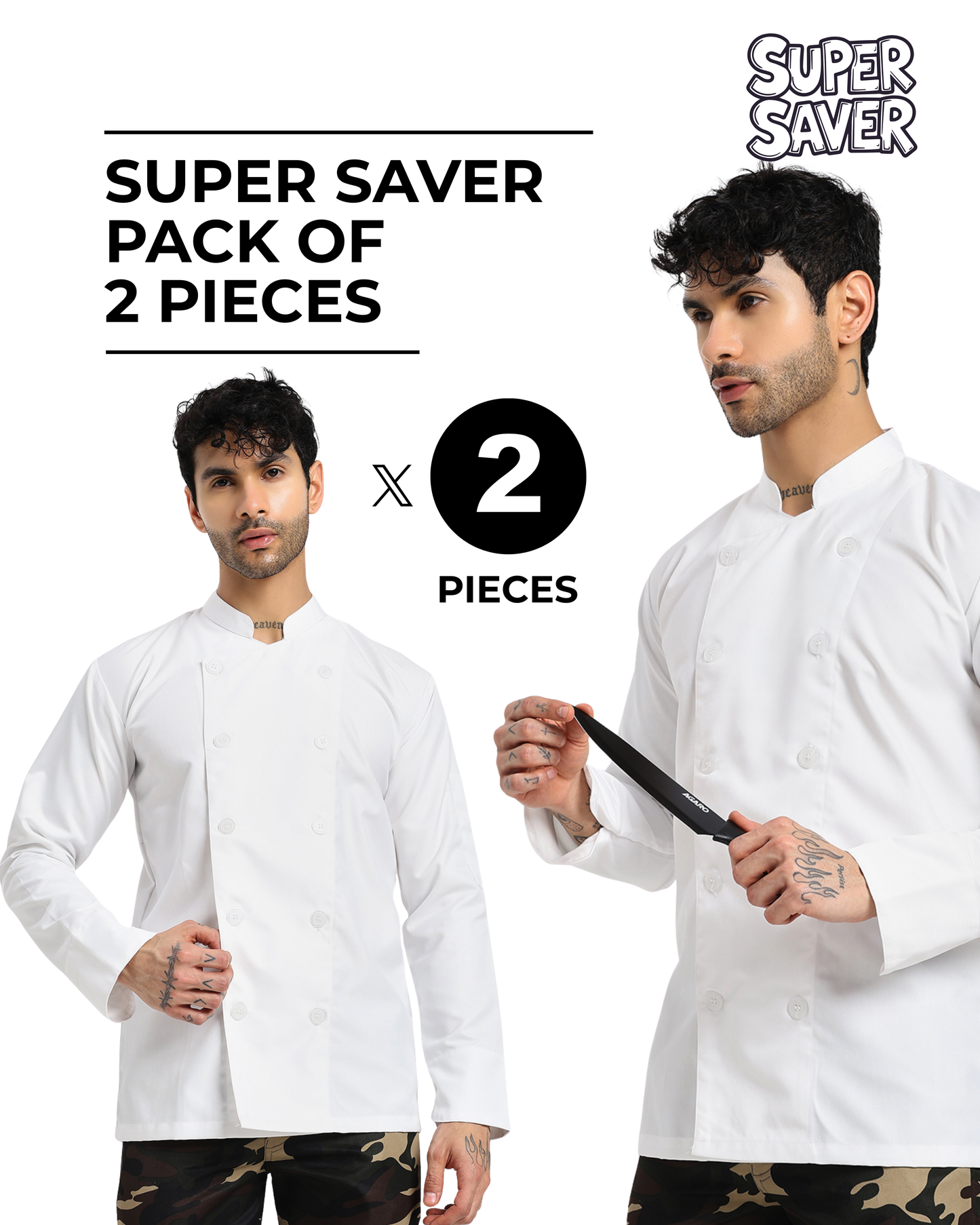 Fixed Button Chef Coat with Sleeve Pocket - White Color - Set of 2