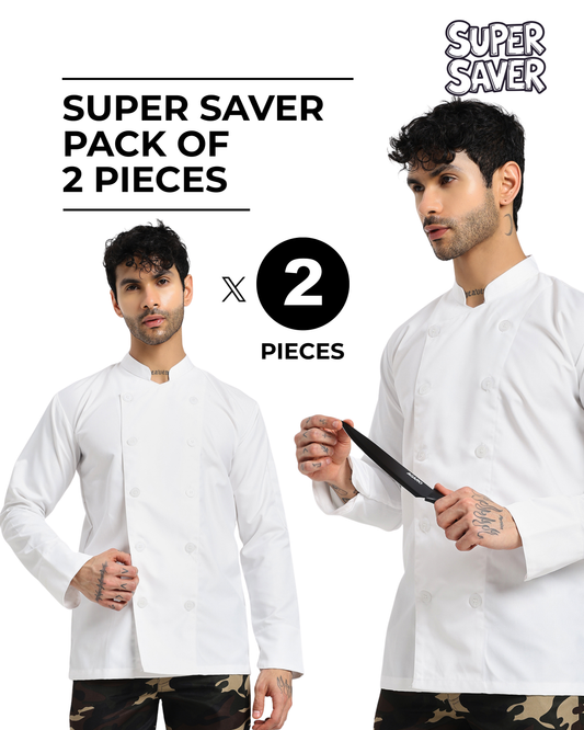Fixed Button Chef Coat with Sleeve Pocket - White Color - Set of 2
