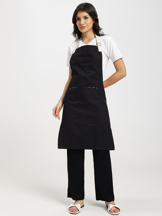 Cotton Canvas Apron with Contrast Belt -Color Black