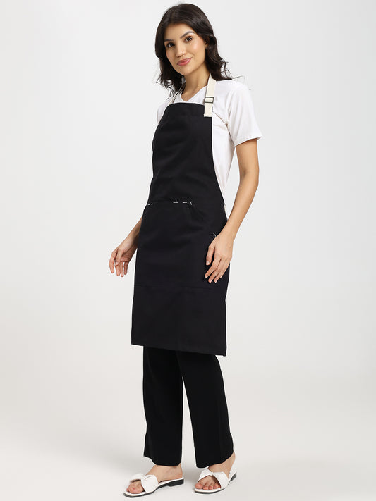 Cotton Canvas Apron with Contrast Belt -Color Black