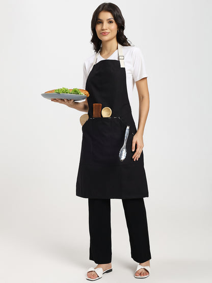 Cotton Canvas Apron with Contrast Belt -Color Black