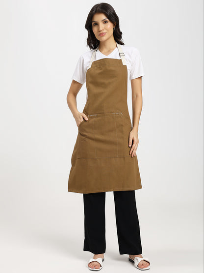 Cotton Canvas Apron with Contrast Belt - Brown Color