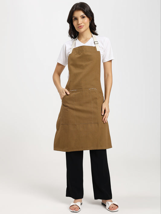 Cotton Canvas Apron with Contrast Belt - Brown Color