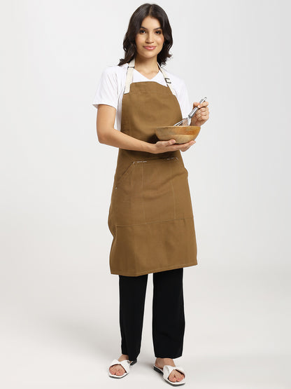 Cotton Canvas Apron with Contrast Belt - Brown Color