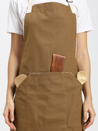 Cotton Canvas Apron with Contrast Belt - Brown Color