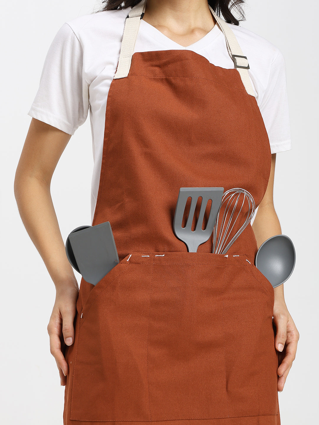 Cotton Canvas Apron with Contrast Belt Rust Color