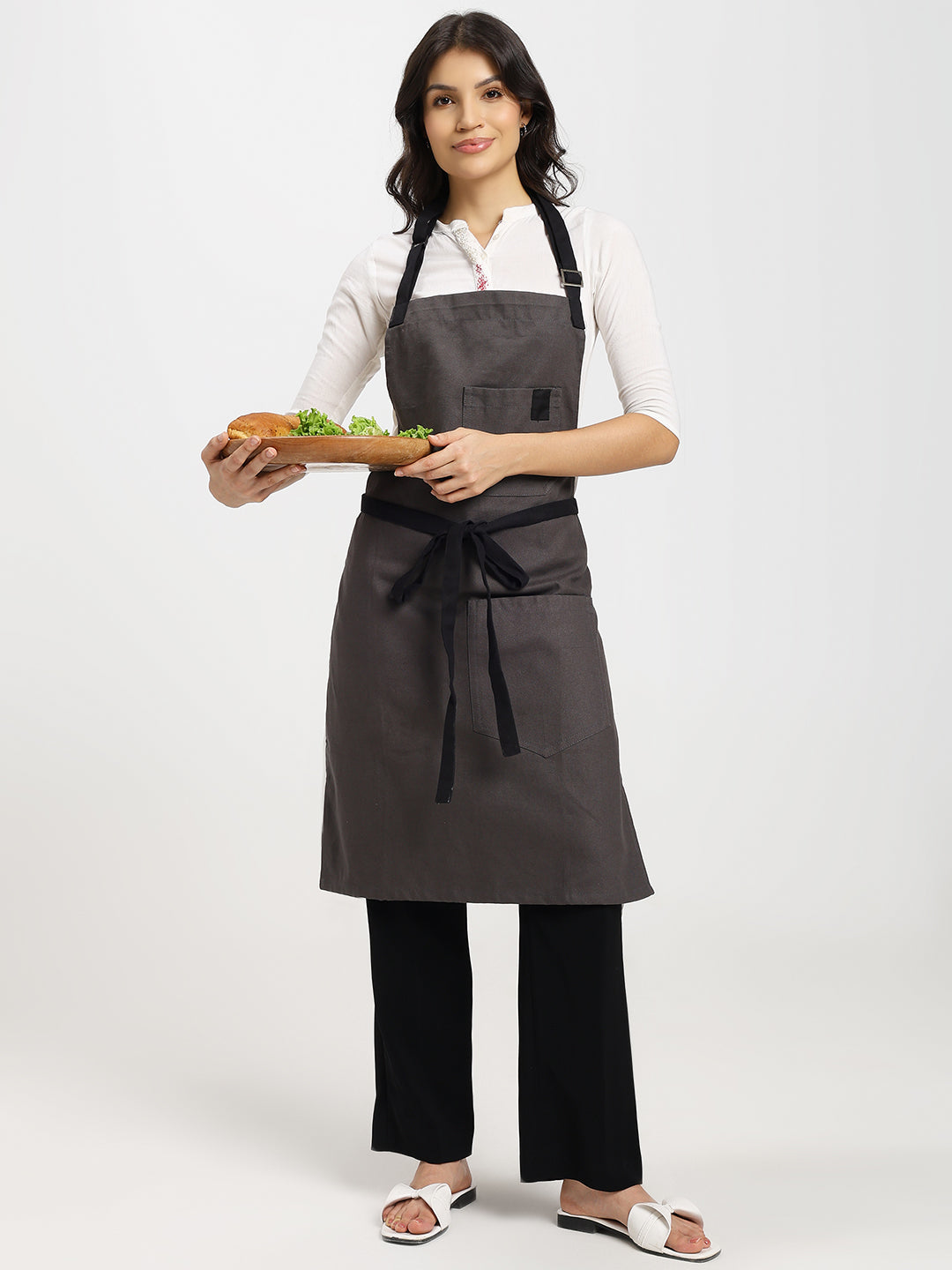 Cotton Canvas Apron with Contrast Belt - Grey Color