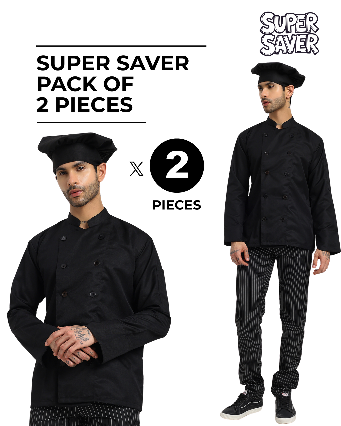 Fixed Button Chef Coat with Sleeve Pocket - Black Color - Set of 2