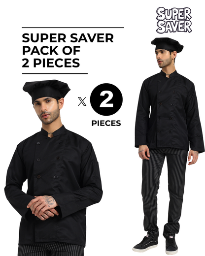 Fixed Button Chef Coat with Sleeve Pocket - Black Color - Set of 2